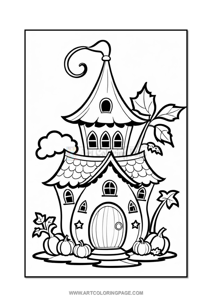 A whimsical, outlined illustration of a fairy tale cottage surrounded by pumpkins and leaves.