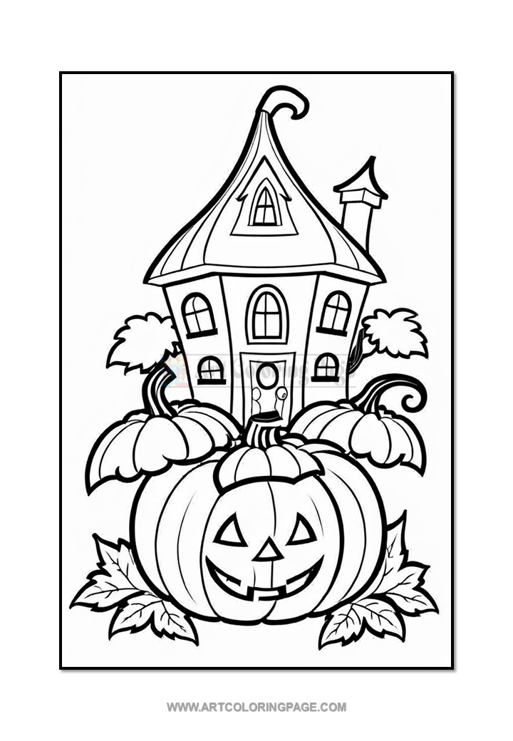 A whimsical haunted house surrounded by pumpkins and leaves, designed for coloring.