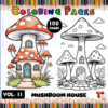 A colorful illustration of a mushroom house coloring page, featuring a whimsical design and vibrant colors alongside a black and white version for coloring.