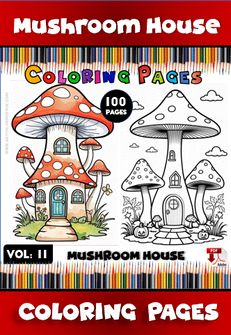 A colorful illustration of a mushroom house coloring page, featuring a whimsical design and vibrant colors alongside a black and white version for coloring.