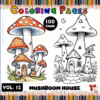 Coloring page featuring whimsical mushroom houses in vibrant colors, accompanied by a black and white outline for coloring.