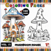 Mushroom house coloring page featuring a whimsical design with colorful mushrooms and an outlined version for coloring.