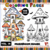 Coloring page featuring a whimsical mushroom house with vibrant colors, including various mushrooms and a playful design.