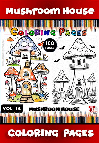 Coloring page featuring a whimsical mushroom house with vibrant colors, including various mushrooms and a playful design.