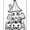 A whimsical haunted house with a crooked roof surrounded by large, grinning jack-o'-lanterns and leafy vines.