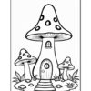 A whimsical coloring page featuring a large mushroom house with a door and two smaller mushrooms, surrounded by grass and plants.