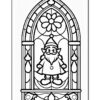 A stained glass window design featuring a cheerful gnome standing inside an ornate arch with floral patterns.
