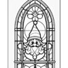 Stained glass design featuring a stylized Santa Claus within an ornate arch.