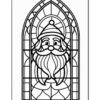 Stained glass style illustration of a bearded Santa Claus with a festive expression, set within an ornate window design.