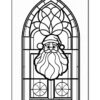Stained glass design featuring a Santa Claus face at the center, surrounded by a decorative arch and circular elements.