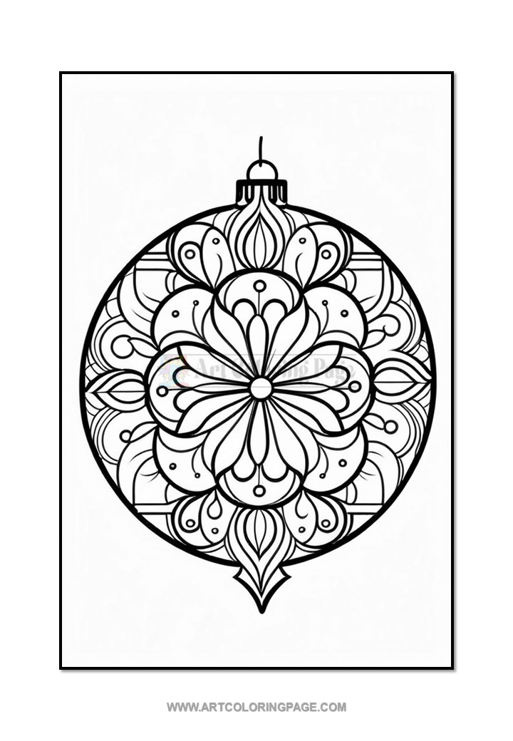 A black and white line drawing of a decorative Christmas ornament featuring intricate floral and mandala patterns.