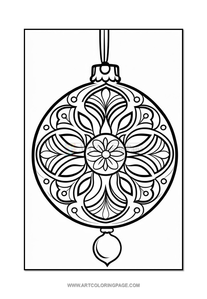 Outlined drawing of a decorative ornament featuring intricate floral and leaf patterns, suitable for coloring.
