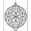 Intricate black and white outline drawing of a decorative Christmas ornament with swirling patterns and floral designs.