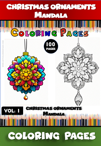 Coloring page featuring intricate Christmas ornaments mandalas, with one colored and one outlined for coloring.