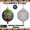 Coloring page featuring two mandala-style Christmas ornaments, one vibrant and colorful, the other in black and white outline.