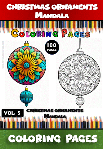 Coloring page featuring two Christmas ornament designs with intricate patterns, titled "Christmas Ornaments Mandala" Volume 3.