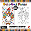 Coloring page featuring a cartoon turkey wearing a hat, surrounded by colorful borders and text about Christmas-themed coloring pages.