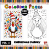 Two illustrations of a Christmas turkey: one colorful with a festive hat and stars, the other in a simple black outline for coloring.