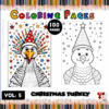 A colorful illustration of a turkey wearing a party hat, surrounded by a burst of stars, with a black-and-white version beside it.
