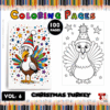 Coloring page featuring a festive turkey with a party hat surrounded by colorful stars, designed for a Christmas theme.
