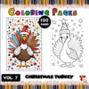 Coloring page featuring a decorated turkey in a Santa hat with colorful feathers, along with a simple outline version.