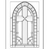 A black and white line drawing of an arched window with detailed woodwork and decorative elements.