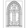 A detailed black and white outline drawing of a gothic-style window, featuring pointed arches and intricate geometric patterns.
