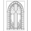 A detailed line drawing of a gothic-style arched window with ornate floral designs on each side.