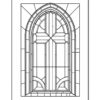 Stained glass window outline with Gothic architectural elements, featuring arched shapes and intricate designs.