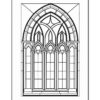 A detailed black and white outline of a Gothic-style window with pointed arches and intricate designs.