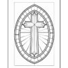 A detailed coloring page featuring a cross set within an ornate oval frame, decorated with sunburst patterns.