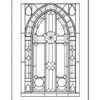 Stained glass window coloring page featuring geometric patterns and an arched design.