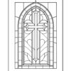 Black and white outline drawing of a Gothic-style stained glass window featuring a central cross and decorative floral patterns.