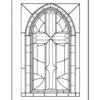 A simple line drawing of a gothic-style stained glass window featuring intricate geometric designs.