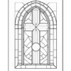 A detailed stained glass window design in a gothic style, outlined for coloring.