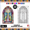 Coloring page featuring a stained glass church window design, showcasing a cross in vibrant colors alongside a black and white outline version.