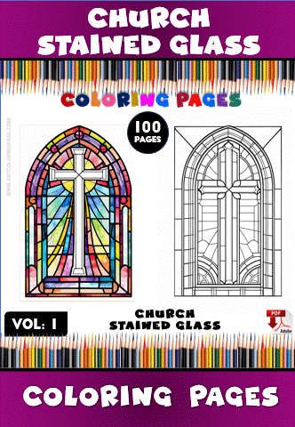 Coloring page featuring a stained glass church window design, showcasing a cross in vibrant colors alongside a black and white outline version.