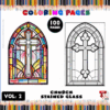 Coloring page for church stained glass featuring a colorful design with a central cross and an outline version for coloring.