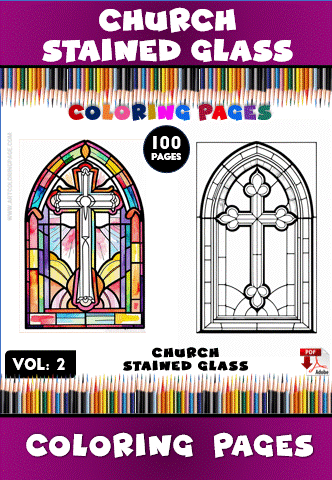Coloring page for church stained glass featuring a colorful design with a central cross and an outline version for coloring.