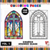 A colorful stained glass window design on the left and its black-and-white outline version on the right, both for coloring.
