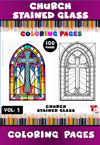 A colorful stained glass window design on the left and its black-and-white outline version on the right, both for coloring.