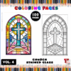 Coloring page showcasing a stained glass church window design with a cross, featuring a colorful version and a line drawing for coloring.