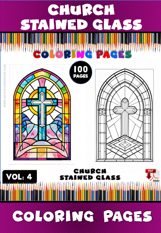 Coloring page showcasing a stained glass church window design with a cross, featuring a colorful version and a line drawing for coloring.