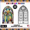 Coloring pages featuring a stained glass church window design, showcasing vibrant colors on one side and a black-and-white outline on the other.