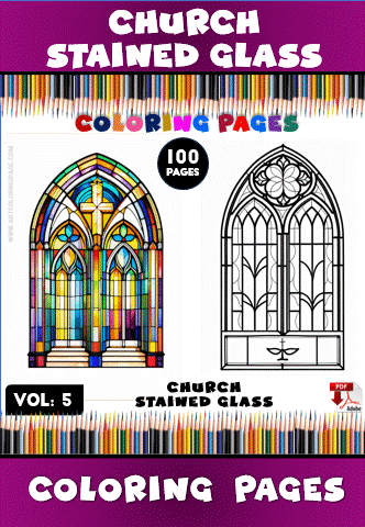 Coloring pages featuring a stained glass church window design, showcasing vibrant colors on one side and a black-and-white outline on the other.