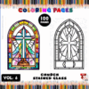 Coloring pages featuring church stained glass designs, showcasing a central cross with vibrant colors on one side and a black outline on the other.