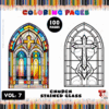Coloring page cover featuring two church stained glass designs, labeled 