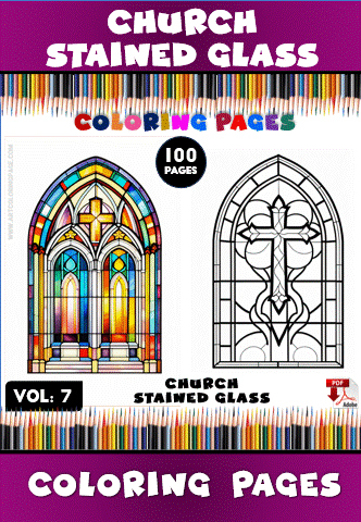 Coloring page cover featuring two church stained glass designs, labeled "Vol. 7" with colorful pencils in the background.