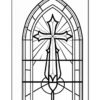 Stained glass window design featuring a cross, framed by an arched structure with geometric shapes and rays.