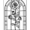 A stained glass window featuring a large rose and smaller roses with a geometric frame.